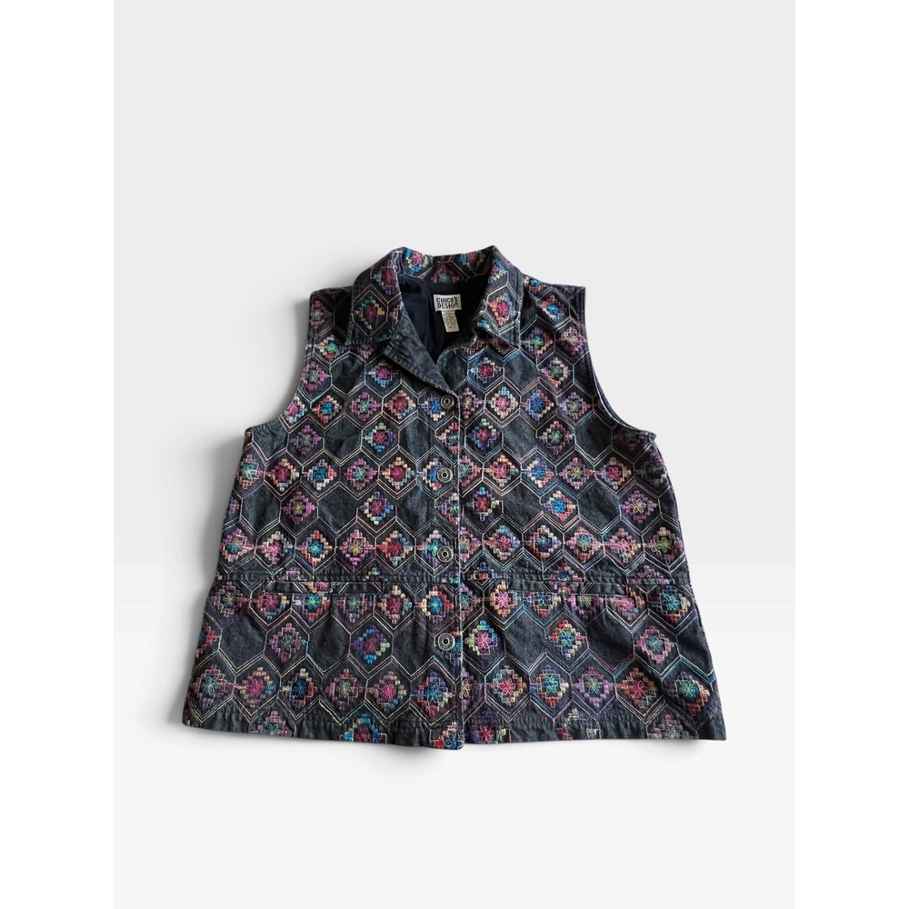 Chicos Design Vintage Embroidered Denim Vest Geometric Boho Multi-Color Size 2